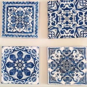 4 Pieces Art Flower Pattern Prints Bathroom Navy Framed